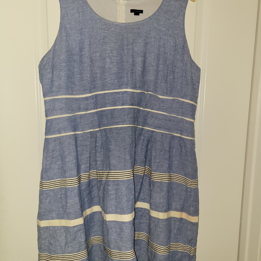 Ann Taylor Blue and Cream Striped Linen Midi Dress Size 18